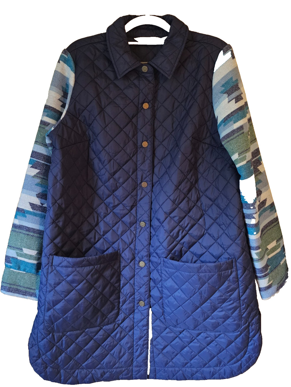 Canyon River Blues Quilted Jacket Southwestern Knit Sleeves Blue Women’s Medium